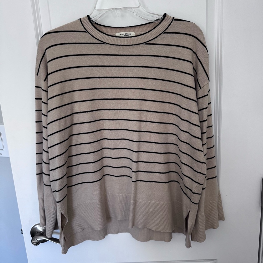 Max Studio ivory black Striped Wide 3/4 Sleeve Crew Neck Sweater Sz Xs